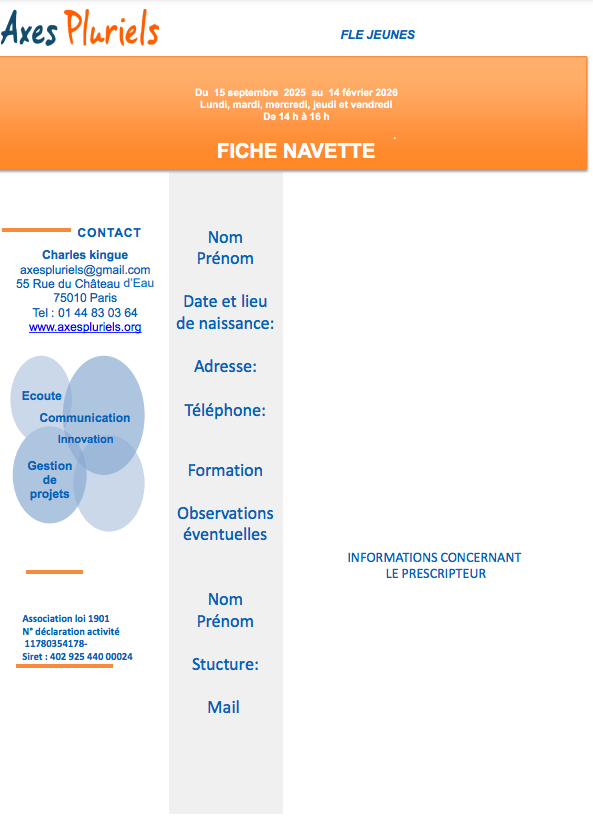 Fiche navette du Parcours Linguistique à visée professionnelle 2024 de l'association Axes pluriels