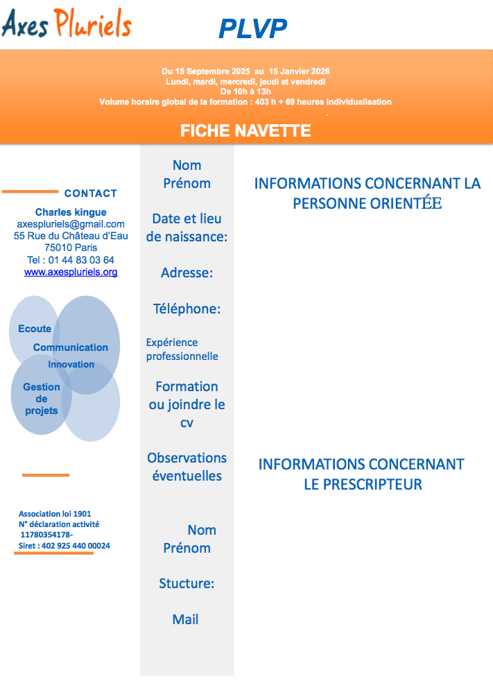 Fiche navette du Parcours Linguistique à visée professionnelle 2024 de l'association Axes pluriels