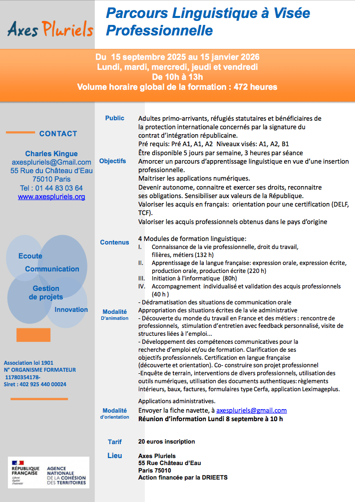 Fiche d'information certifiée du Parcours Linguistique à visée professionnelle 2024 de l'association Axes pluriels